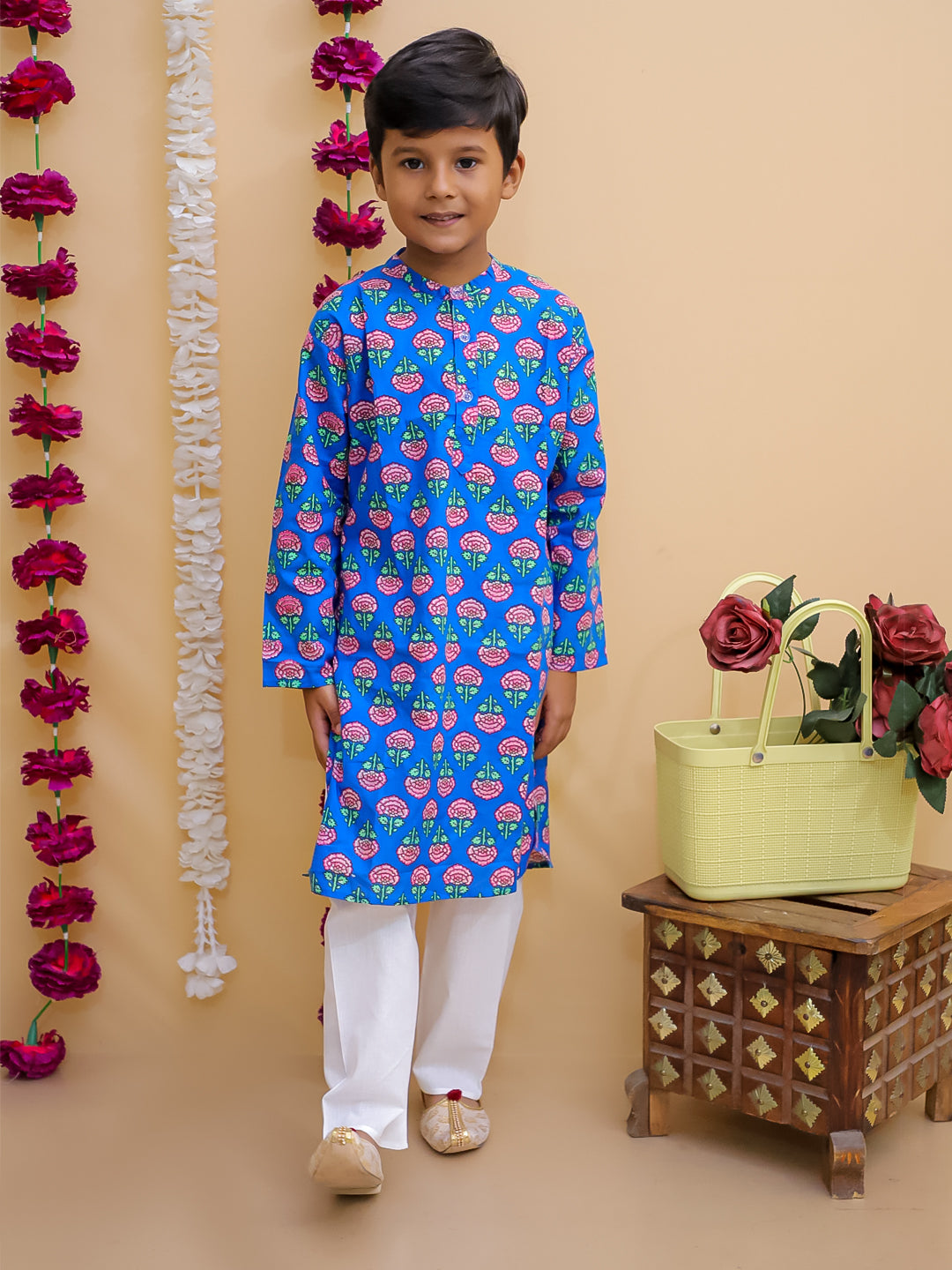 Ethnic Set-Blue Royal Floral Girls Kurta Set with Blue Royale Boys Jacket And Kurta Pajama Set