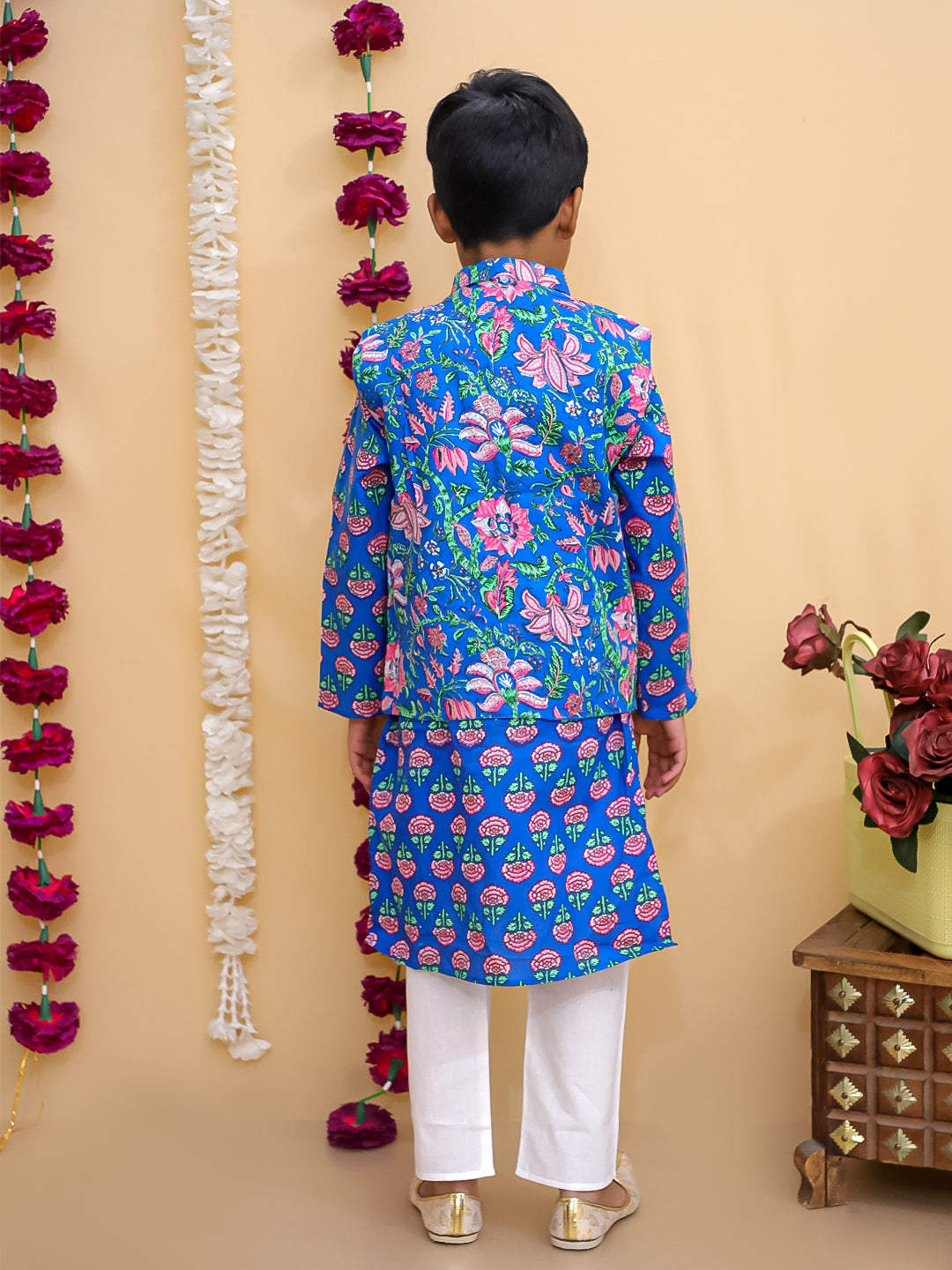 Ethnic Set-Blue Royal Floral Girls Kurta Set with Blue Royale Boys Jacket And Kurta Pajama Set