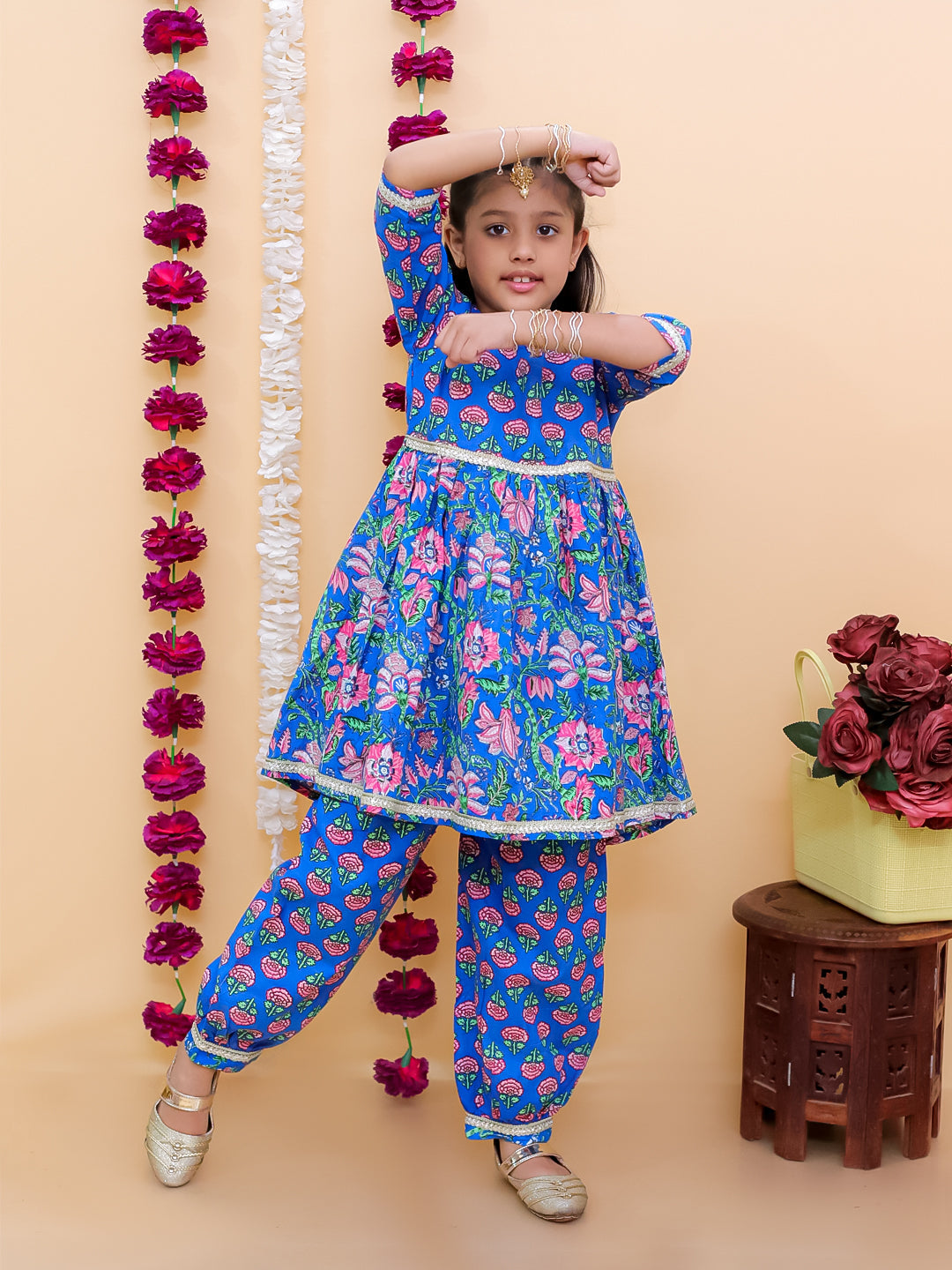 Ethnic Set-Blue Royal Floral Girls Kurta Set with Blue Royale Boys Jacket And Kurta Pajama Set