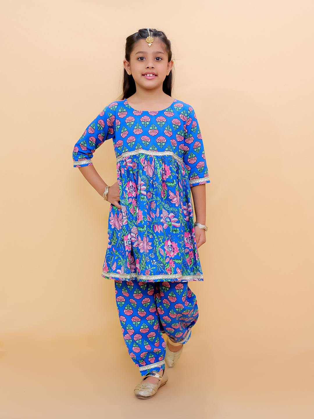 Ethnic Set-Blue Royal Floral Girls Kurta Set with Blue Royale Boys Jacket And Kurta Pajama Set