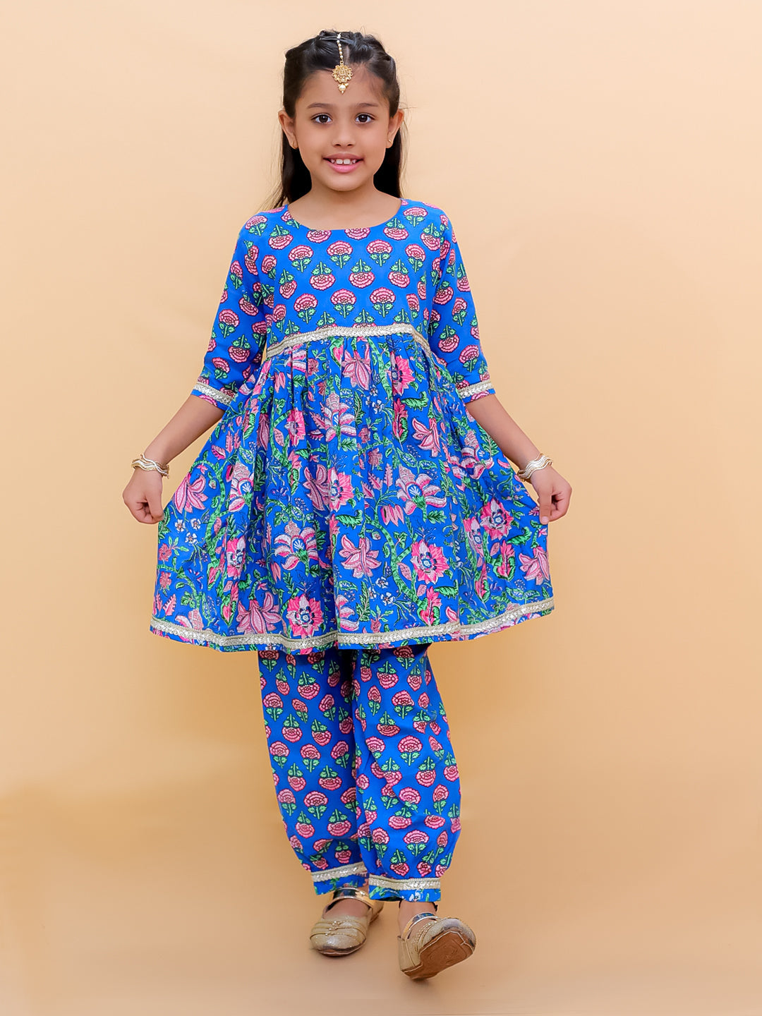 Ethnic Set-Blue Royal Floral Girls Kurta Set with Blue Royale Boys Jacket And Kurta Pajama Set