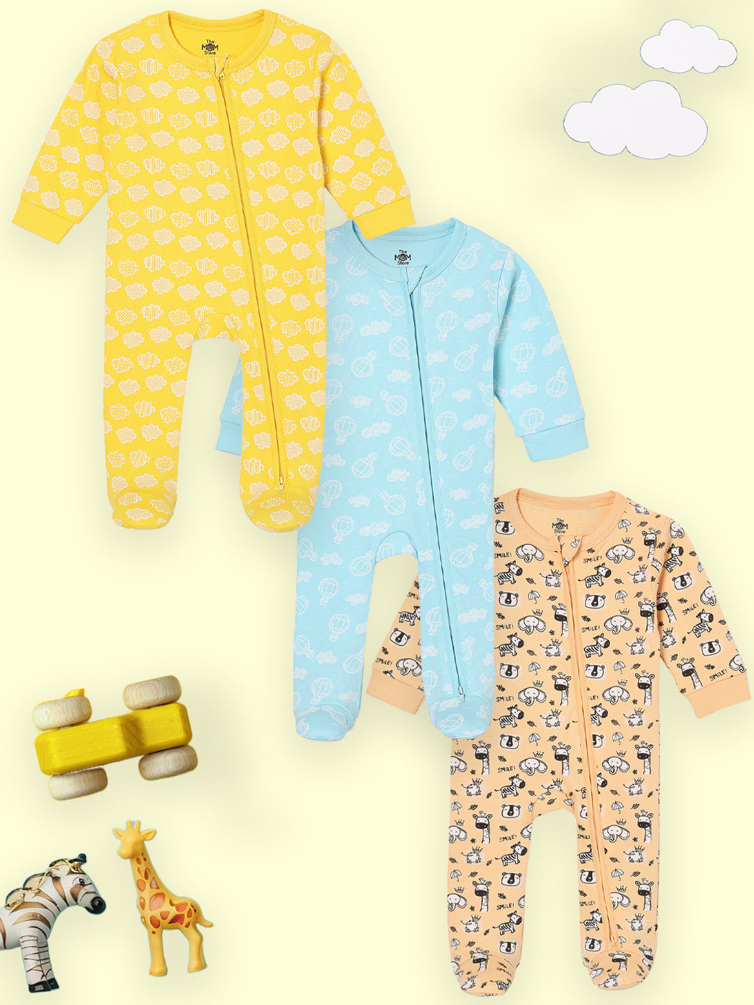 Zipper Romper Combo of 3: Buttercream Clouds, Sky Drift and Rusty Jungle Infant Zipper Romper