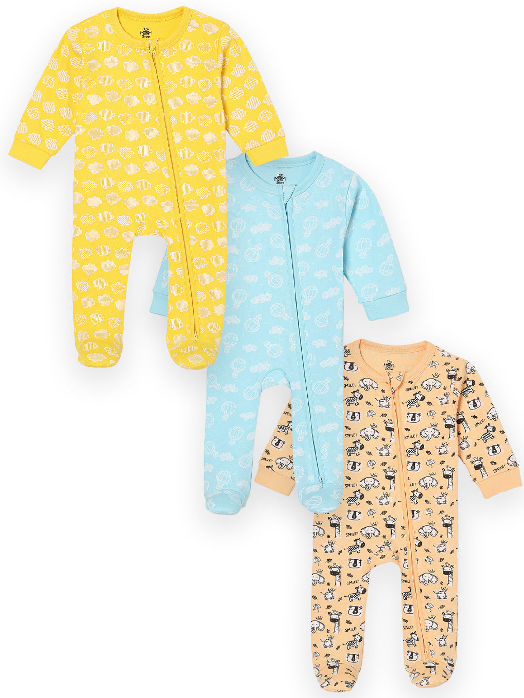 Zipper Romper Combo of 3: Buttercream Clouds, Sky Drift and Rusty Jungle Infant Zipper Romper