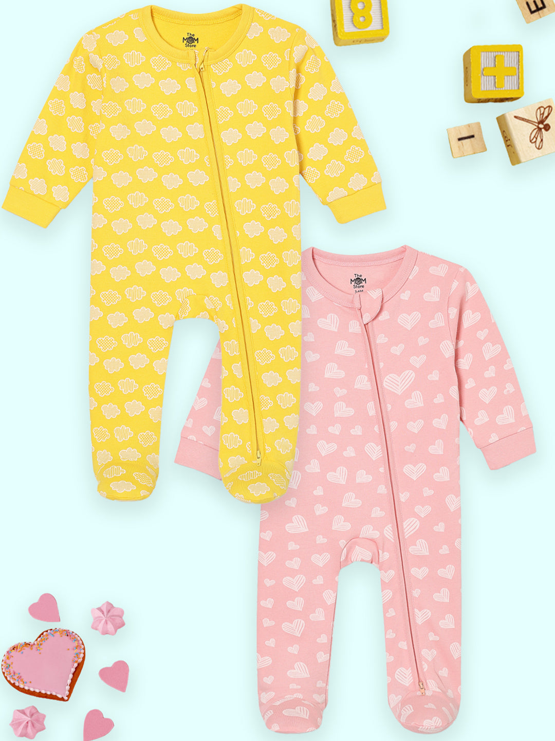 Zipper Romper Combo of 2: Rosy Hearts and Buttercream Clouds Zipper Romper