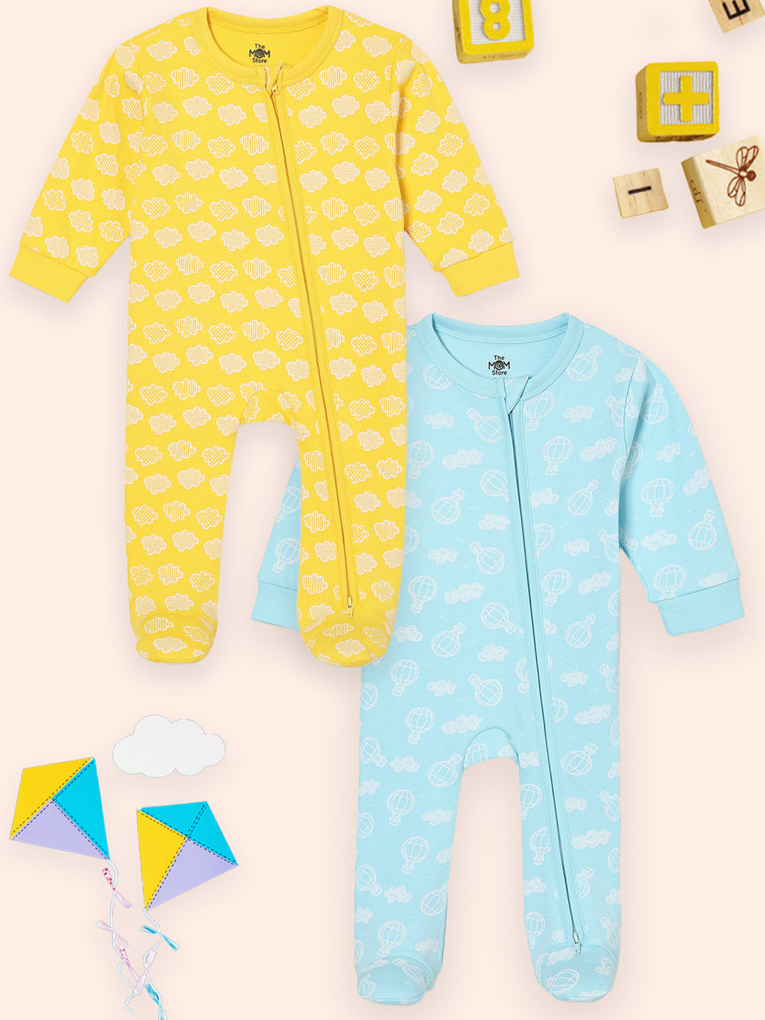 Zipper Romper Combo of 2: Sky Drift and Buttercream Clouds Zipper Romper