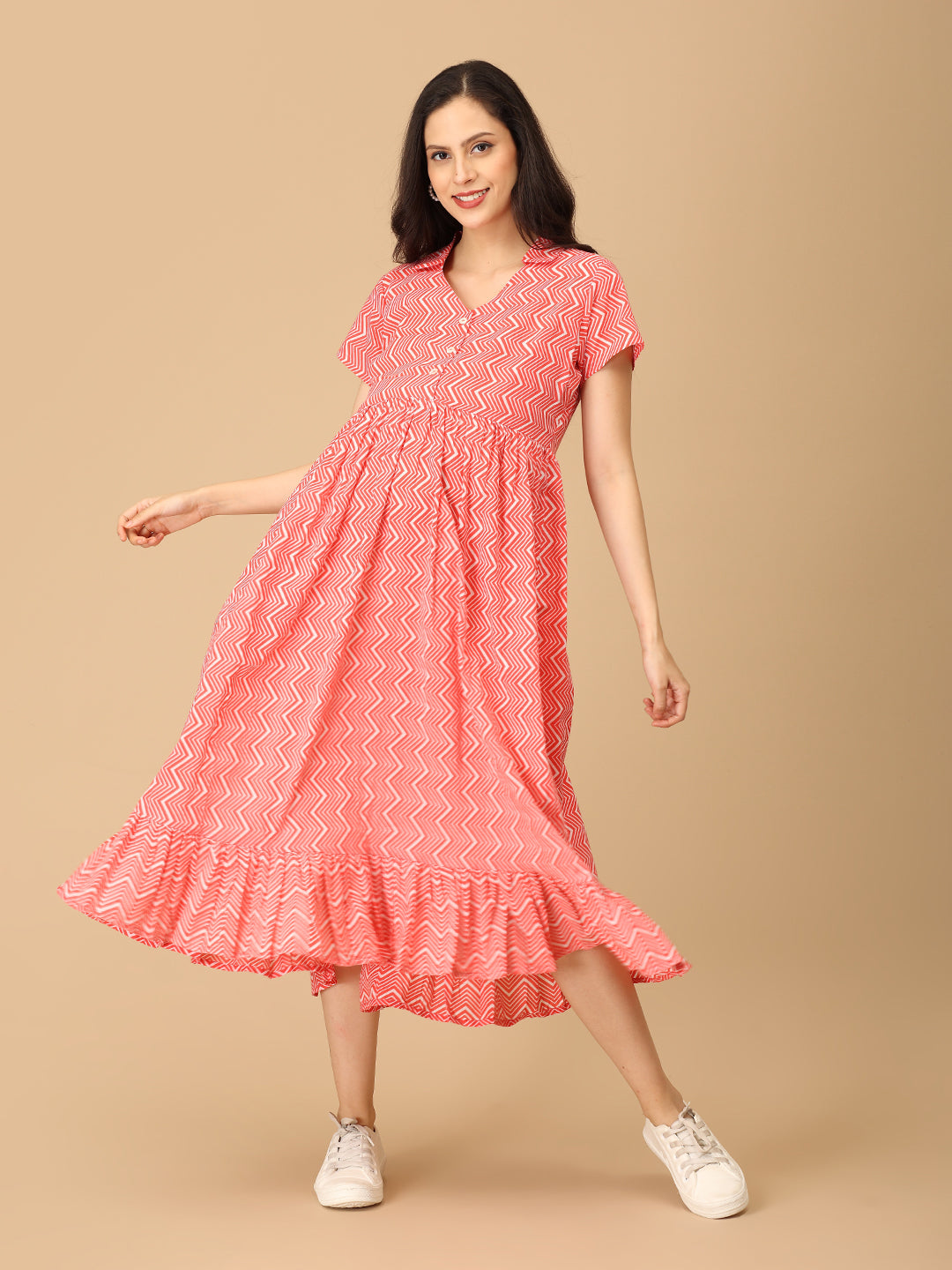 Chroma Coral Maternity and Nursing Dress