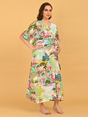 Colour Riot Maternity and Nursing Kaftan Nighty side profile view showcasing relaxed fit and breathable silhouette.