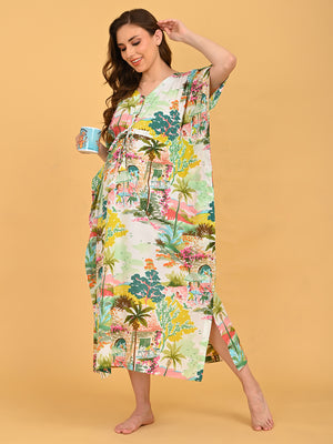 Colour Riot Maternity and Nursing Kaftan Nighty front view with model holding a mug, showcasing vibrant tropical print and relaxed kaftan silhouette.