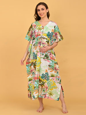Colour Riot Maternity and Nursing Kaftan Nighty full-length walking pose displaying flowy hem and side slit.