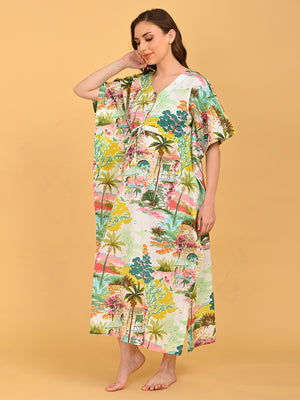 Colour Riot Maternity and Nursing Kaftan Nighty angled front view with model emphasizing comfort and nursing-friendly design.