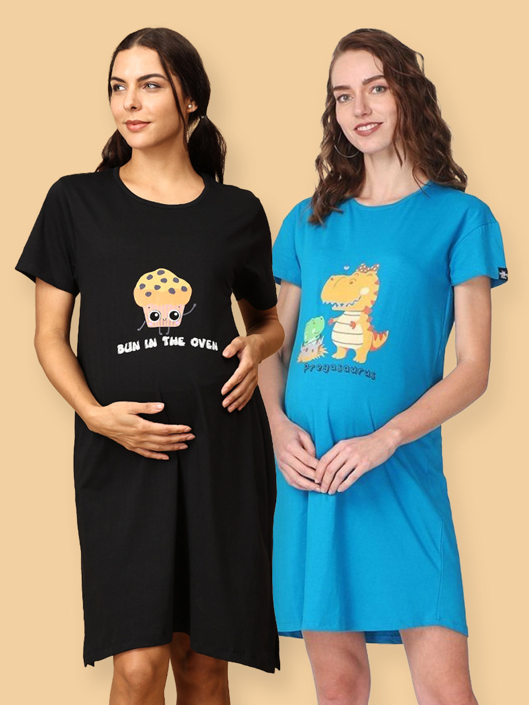 Combo Of Pregasaurus & Bun In The Oven Maternity T-Shirt Dress