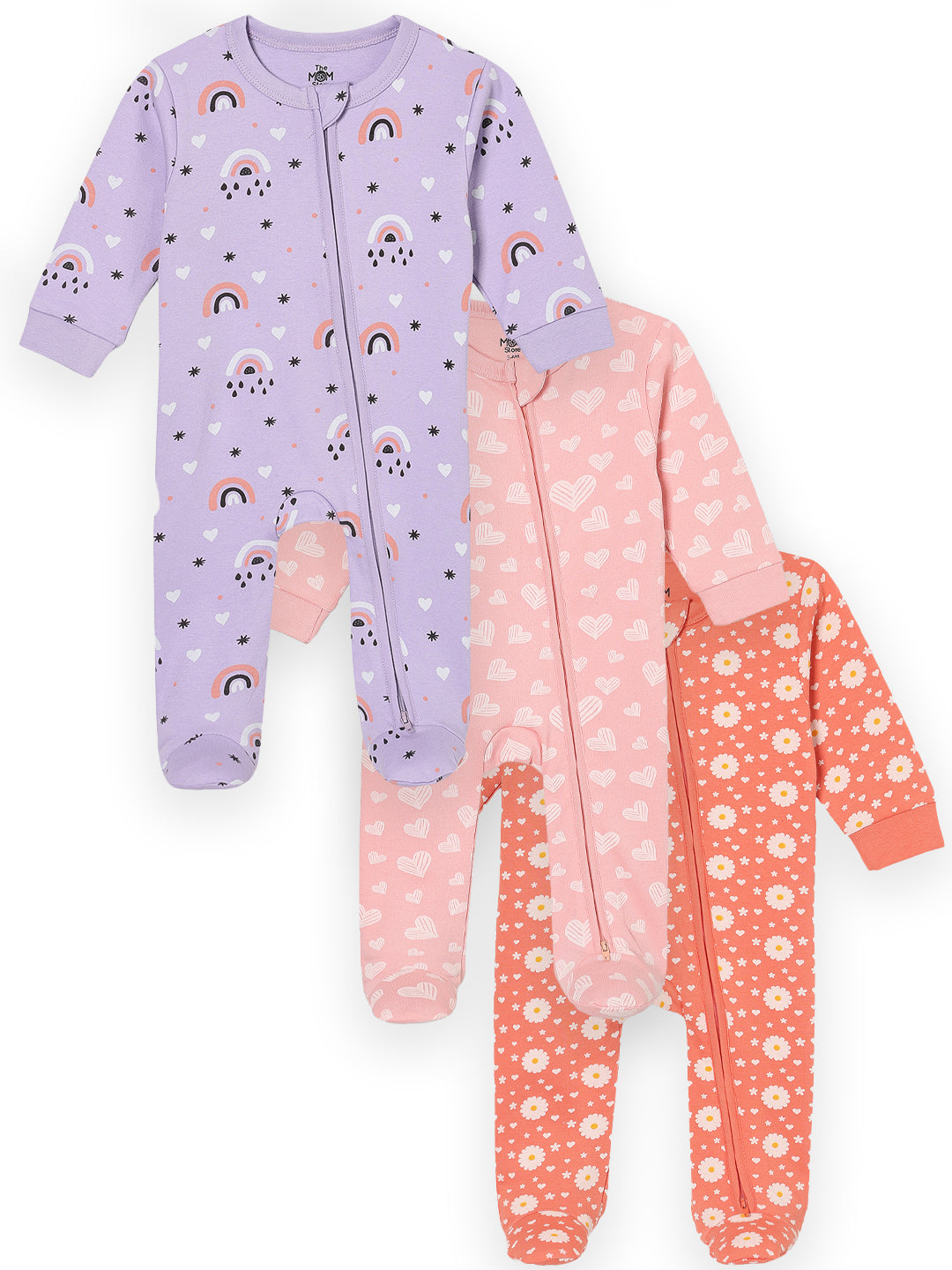 Zipper Romper Combo of 3: Lavender Twinkle, Coral Blossom and Rosy Hearts Infant Zipper Romper