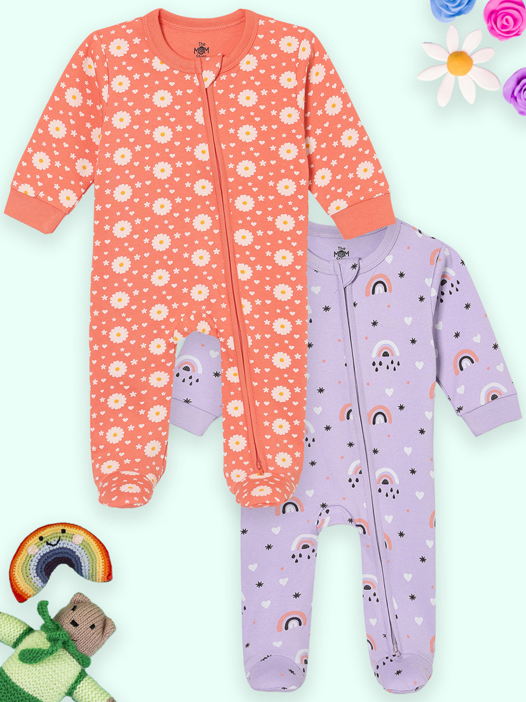 Zipper Romper Combo of 2: Coral Blossom and Lavender Infant Zipper Romper