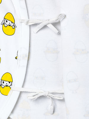 Picture side ties of a jabla style romper with egg, chicken and rabbit design from the mom store