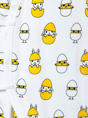 Close up Picture of a jabla style romper from the mom store showing chick, egg and rabbit designs