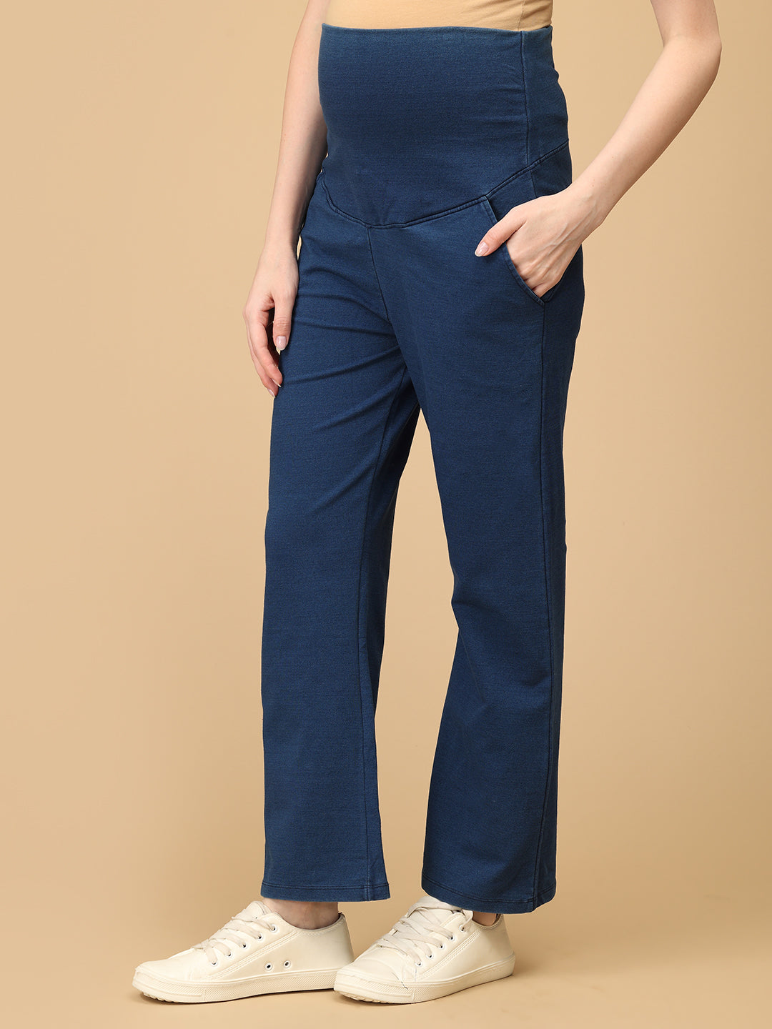 Dark Blue Maternity Knit Denims With Belly Support- Dark Wash