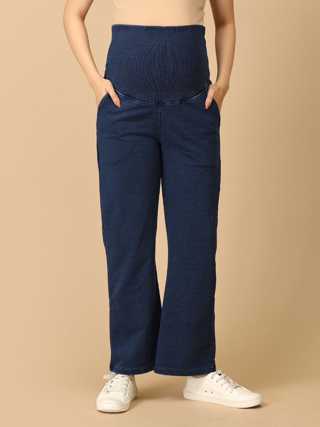 Dark Blue Maternity Knit Denims With Belly Support- Dark Wash