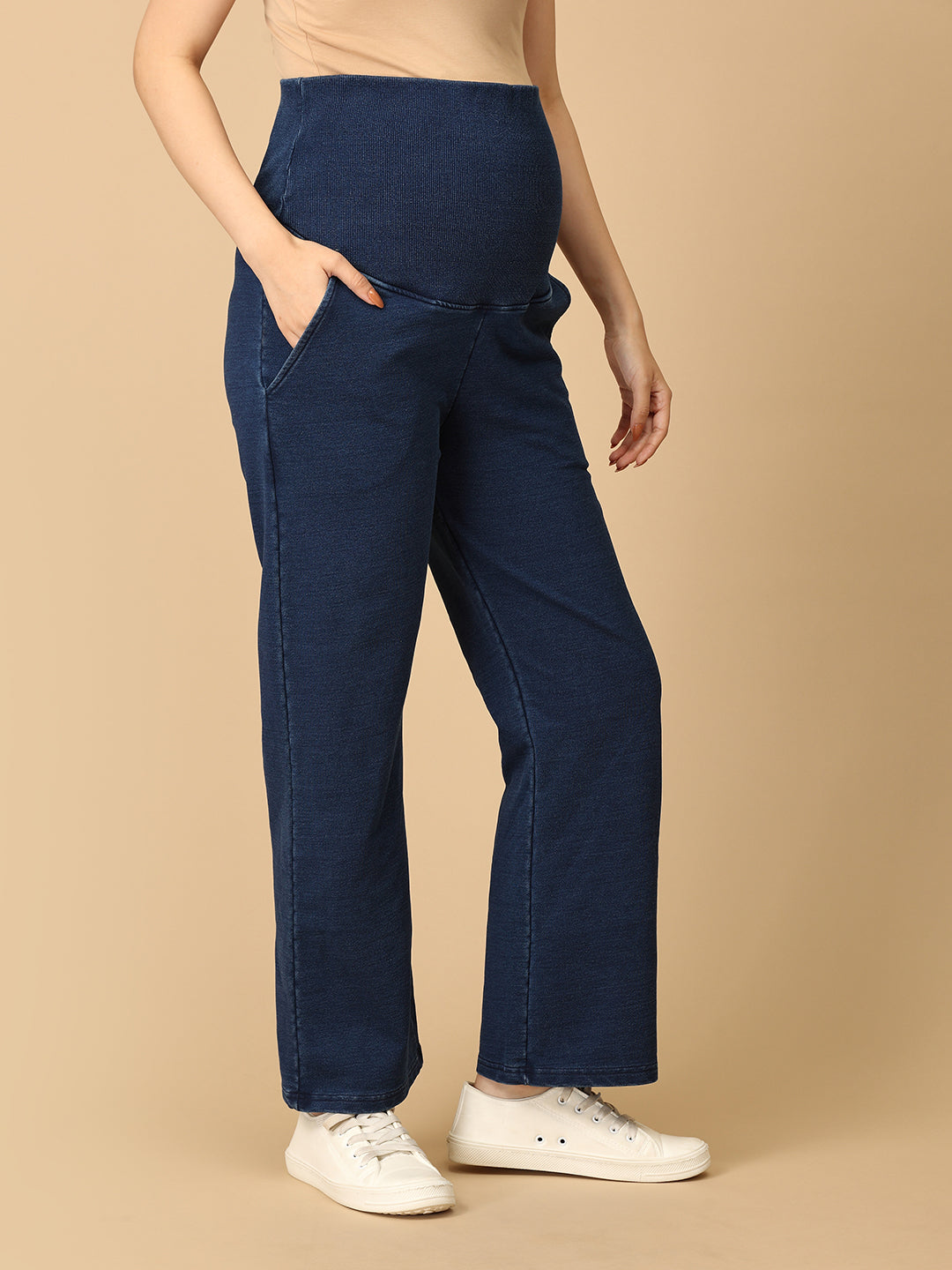 Dark Blue Maternity Knit Denims With Belly Support- Dark Wash