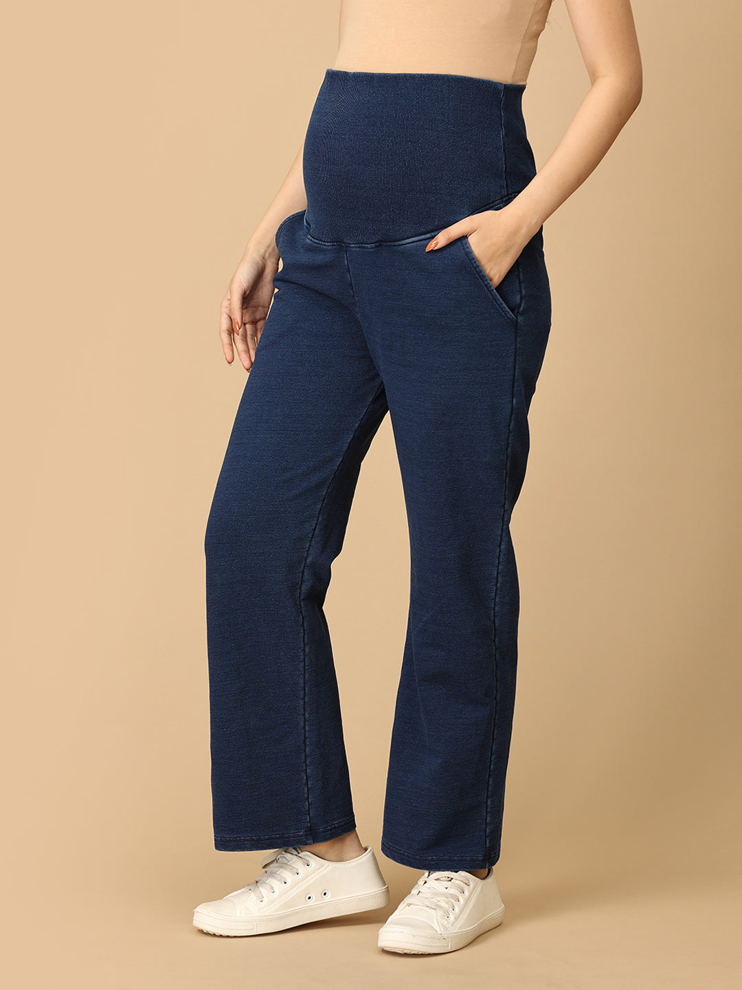Dark Blue Maternity Knit Denims With Belly Support- Dark Wash