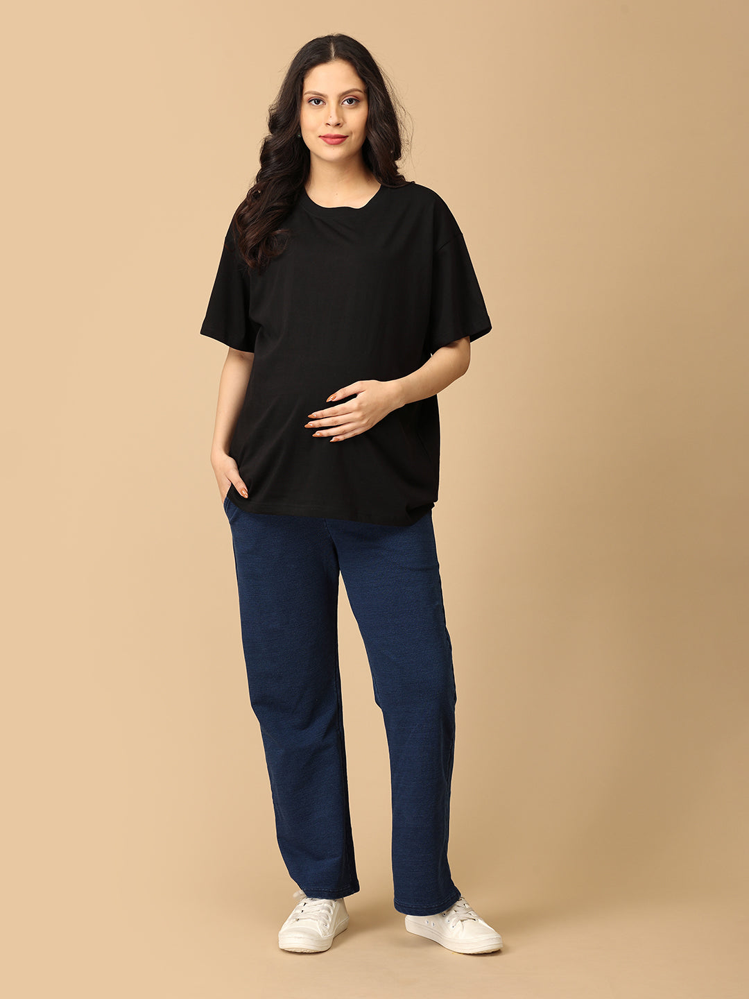 Dark Blue Maternity Knit Denims With Belly Support- Dark Wash