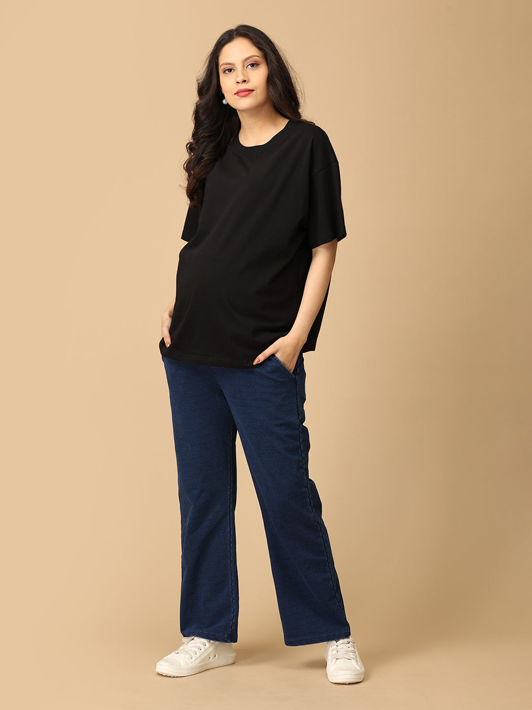 Dark Blue Maternity Knit Denims With Belly Support- Dark Wash