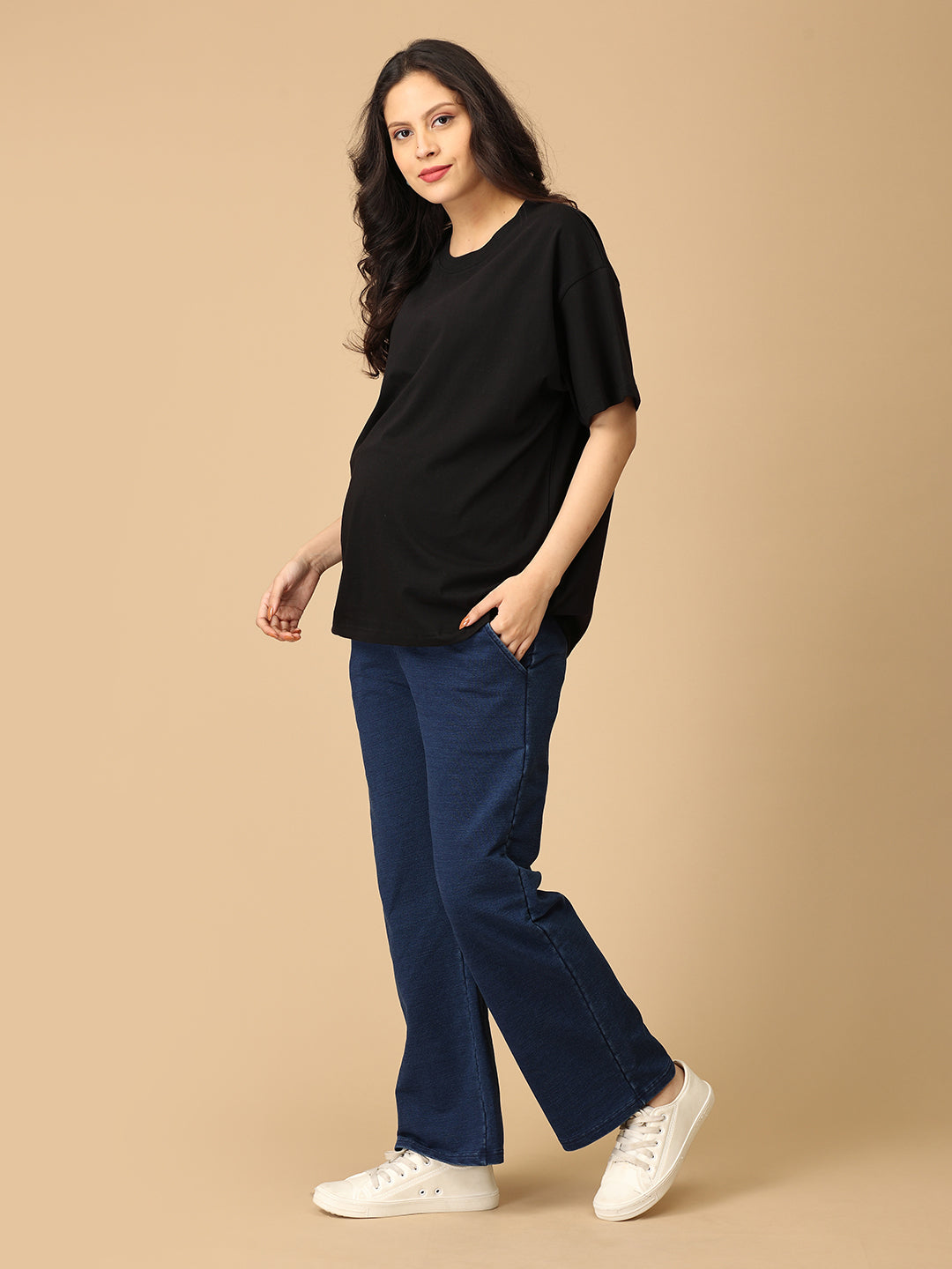 Dark Blue Maternity Knit Denims With Belly Support- Dark Wash