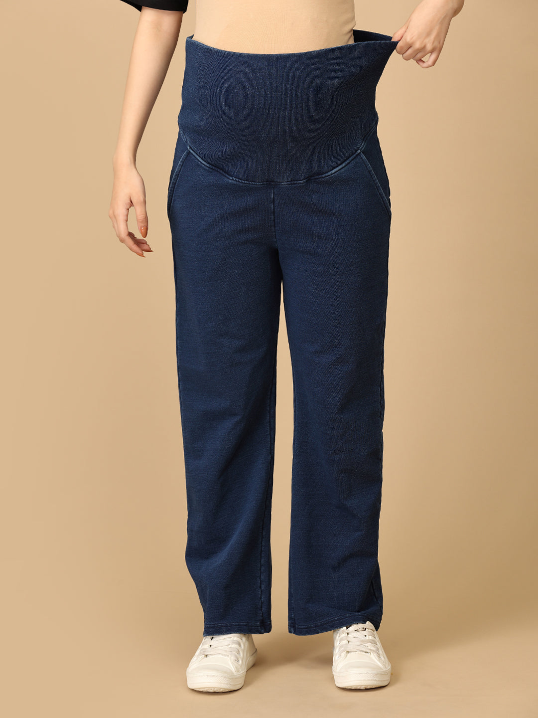 Dark Blue Maternity Knit Denims With Belly Support- Dark Wash