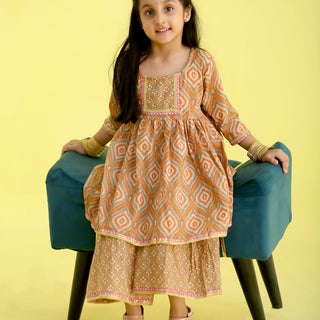 Earth Brown Floral Print Girls Anarkali Kurta Sharara Set