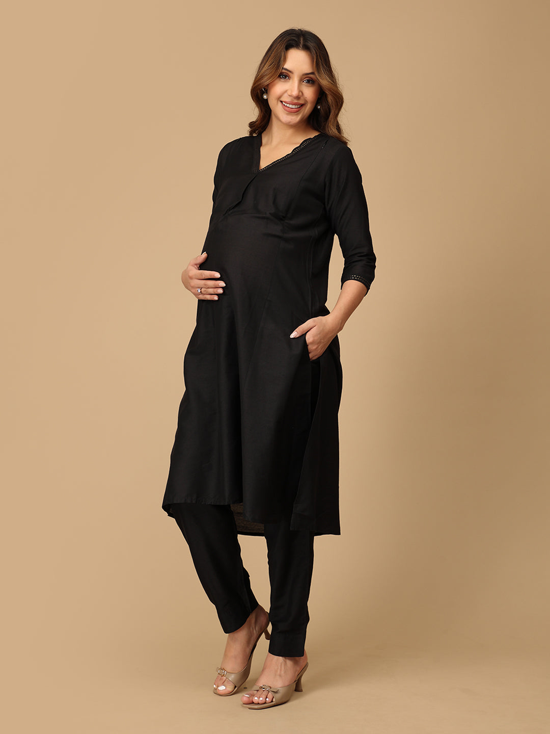 Ebony Embroidered Maternity and Nursing Silk Kurta Set