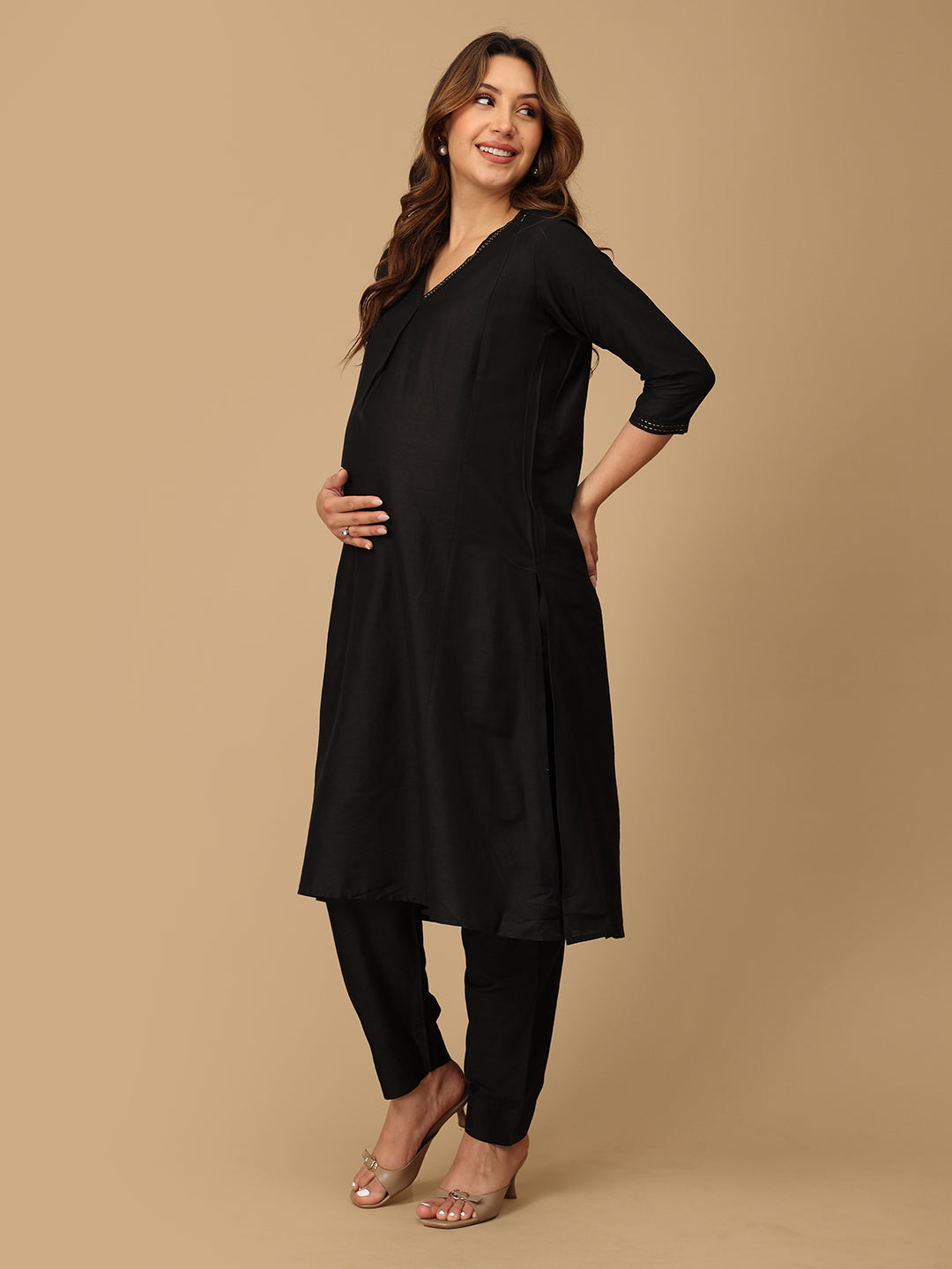 Ebony Embroidered Maternity and Nursing Silk Kurta Set