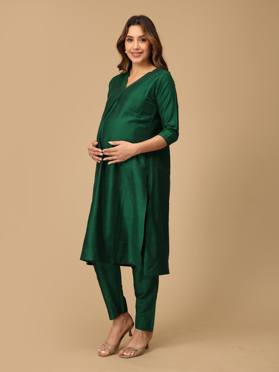Eden Green Embroidered Maternity Silk Kurta Set with Nursing