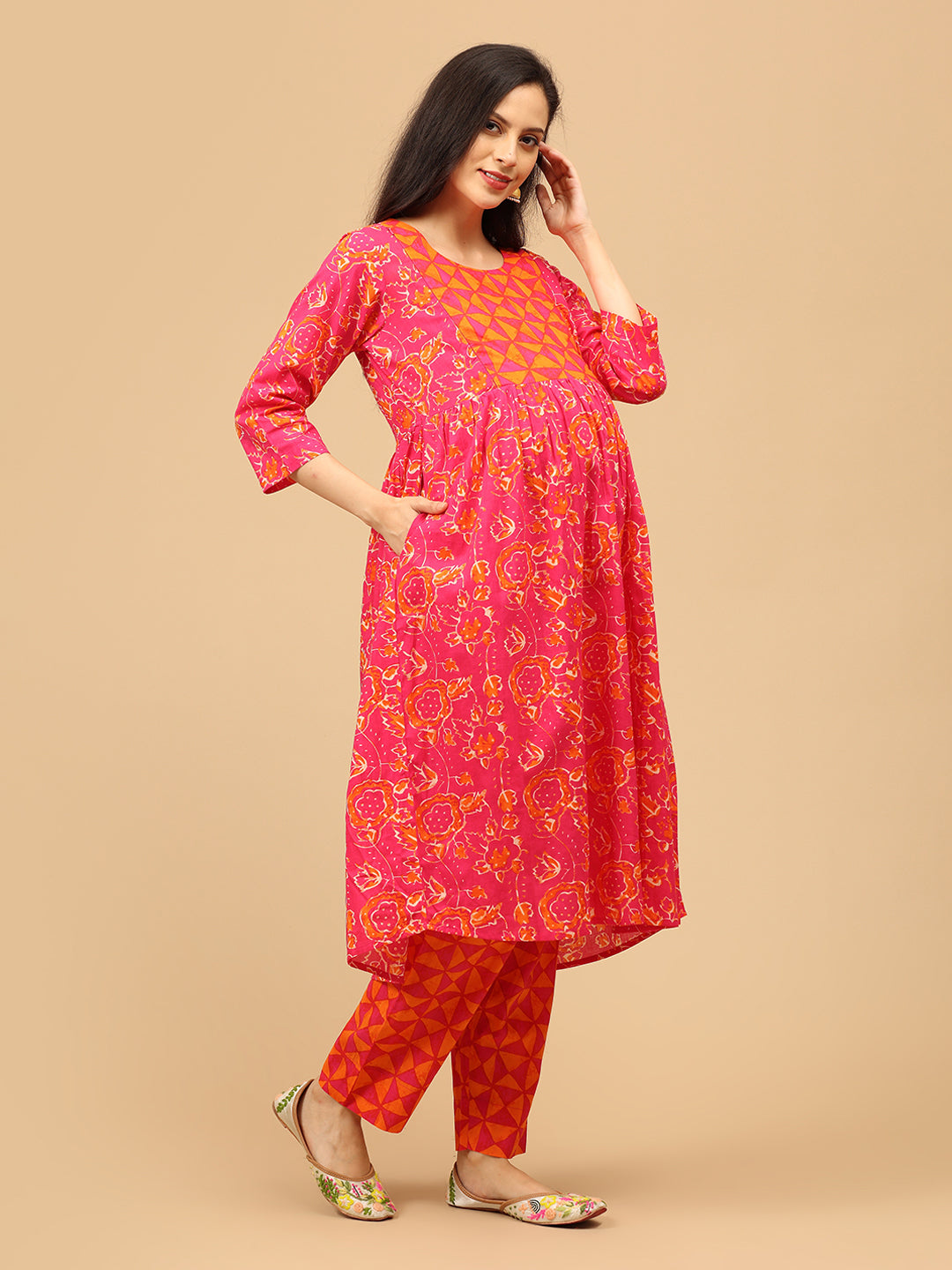 Electric Petals Maternity and Nursing Kurta Set With Dupatta