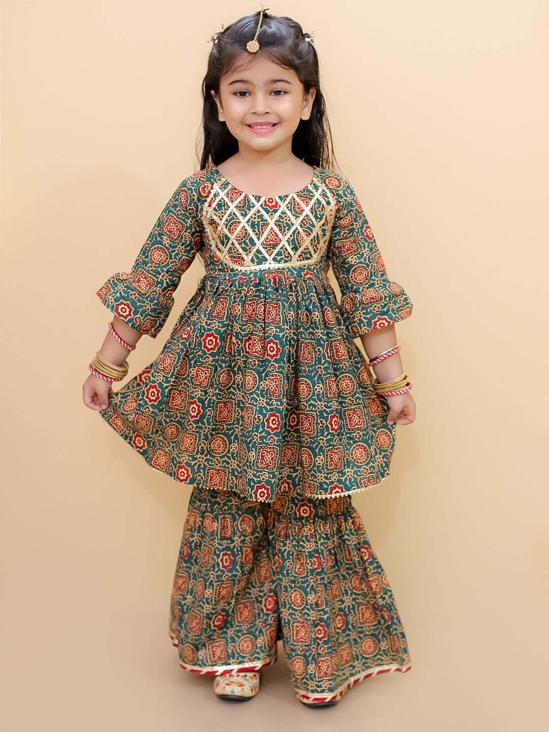 Ethnic Set-Emerald Essence Girls Anarkali Sharara Set with Boys Jacket And Kurta Pajama Set