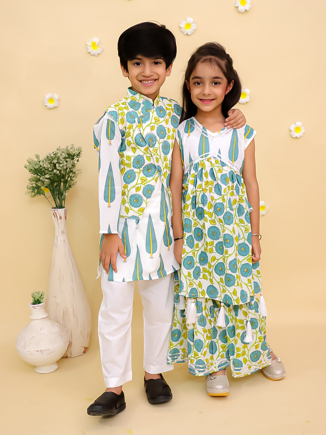 Ethnic Set-Emeraluxe Girls Anarkali Kurta Sharara Set and Boys Jacket And Kurta Pajama Set