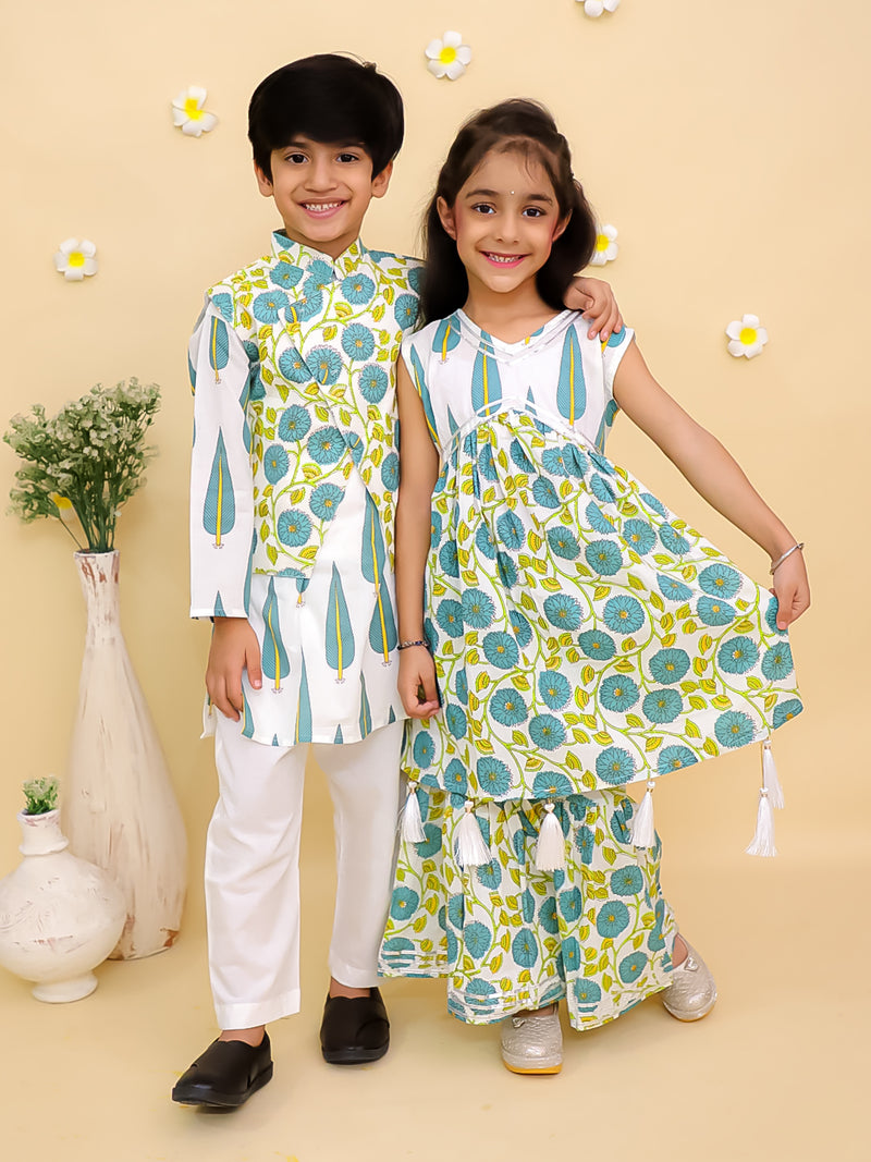 Ethnic Set-Emeraluxe Girls Anarkali Kurta Sharara Set with Boys Jacket And Kurta Pajama Set
