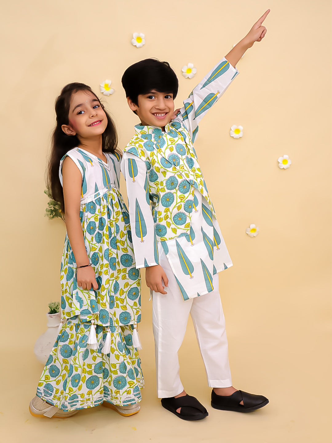 Ethnic Set-Emeraluxe Girls Anarkali Kurta Sharara Set and Boys Jacket And Kurta Pajama Set