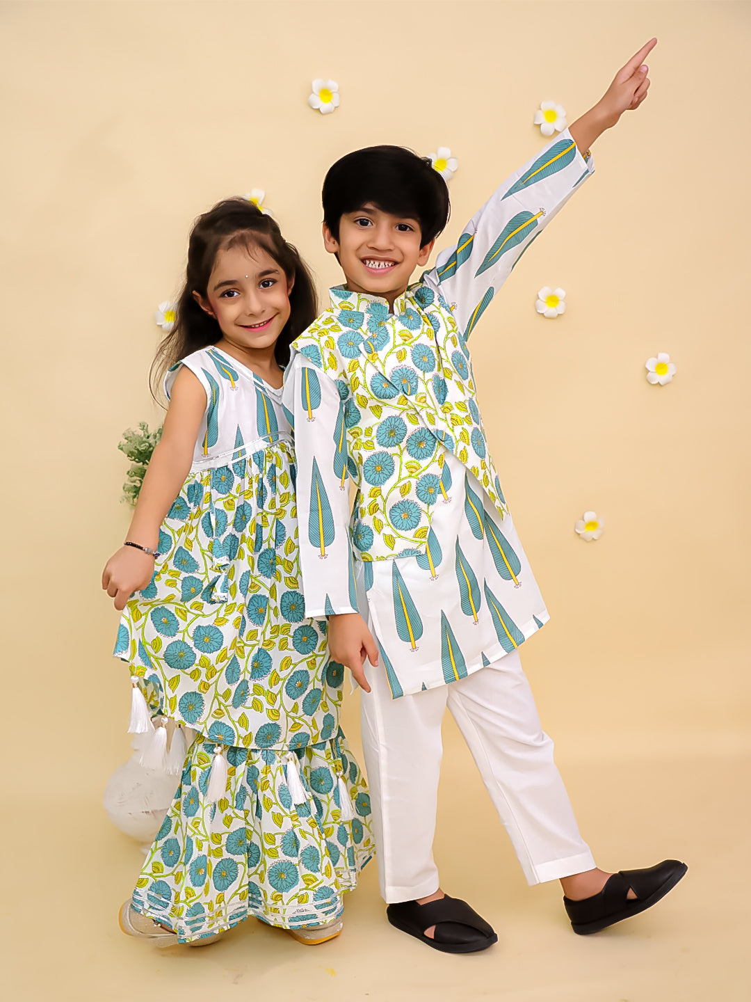 Ethnic Set-Emeraluxe Girls Anarkali Kurta Sharara Set and Boys Jacket And Kurta Pajama Set
