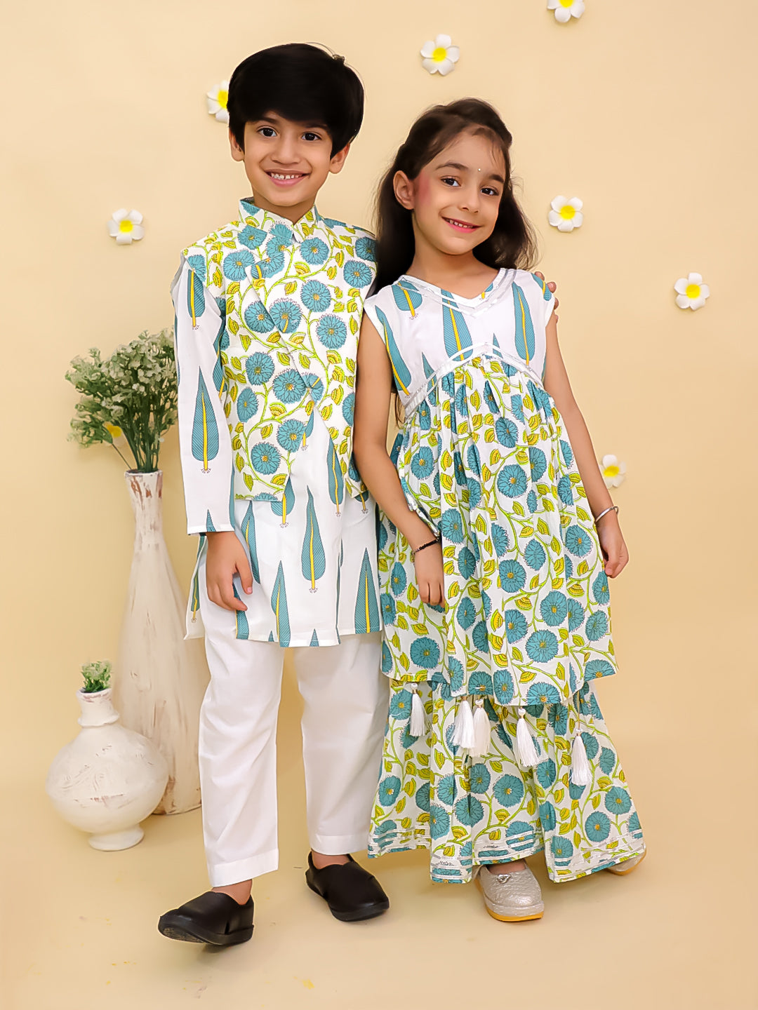 Ethnic Set-Emeraluxe Girls Anarkali Kurta Sharara Set and Boys Jacket And Kurta Pajama Set
