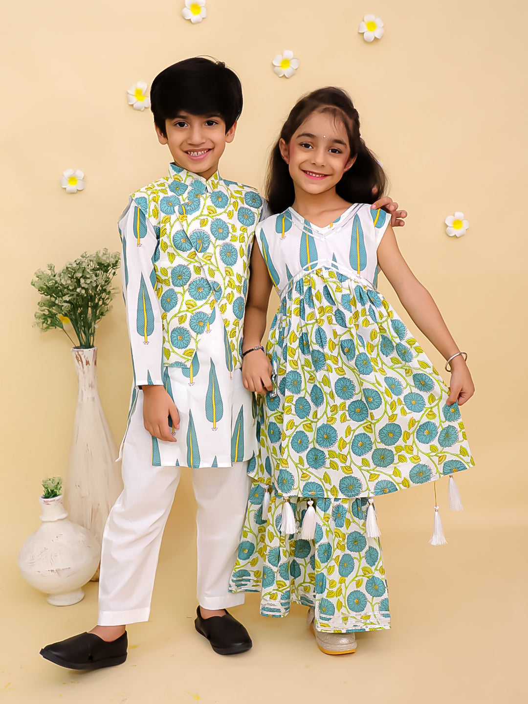 Ethnic Set-Emeraluxe Girls Anarkali Kurta Sharara Set and Boys Jacket And Kurta Pajama Set