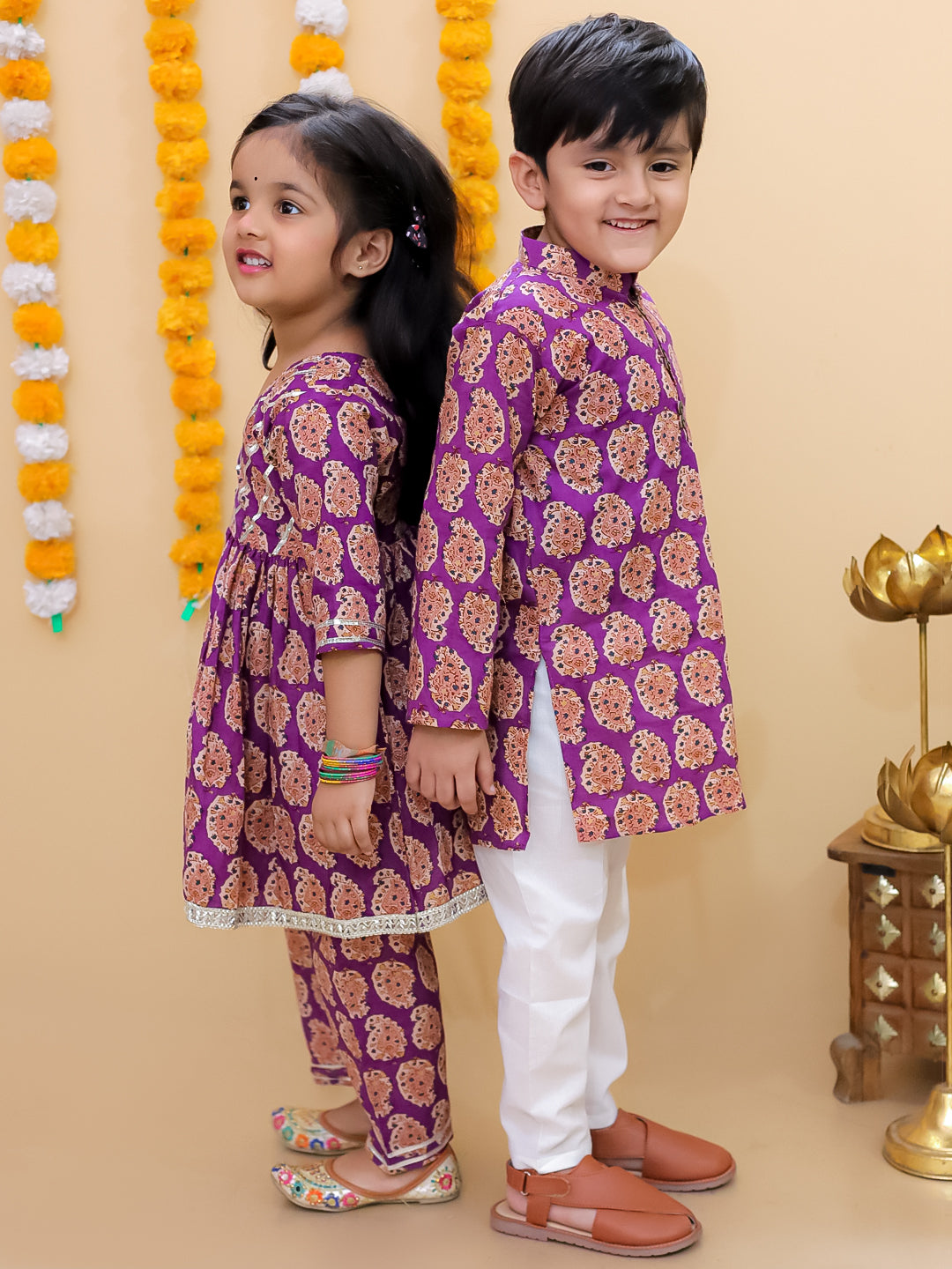 Ethnic Set- Amethyst Allure Girls Anarkali Pajama Set with Boys Kurta Pajama Set