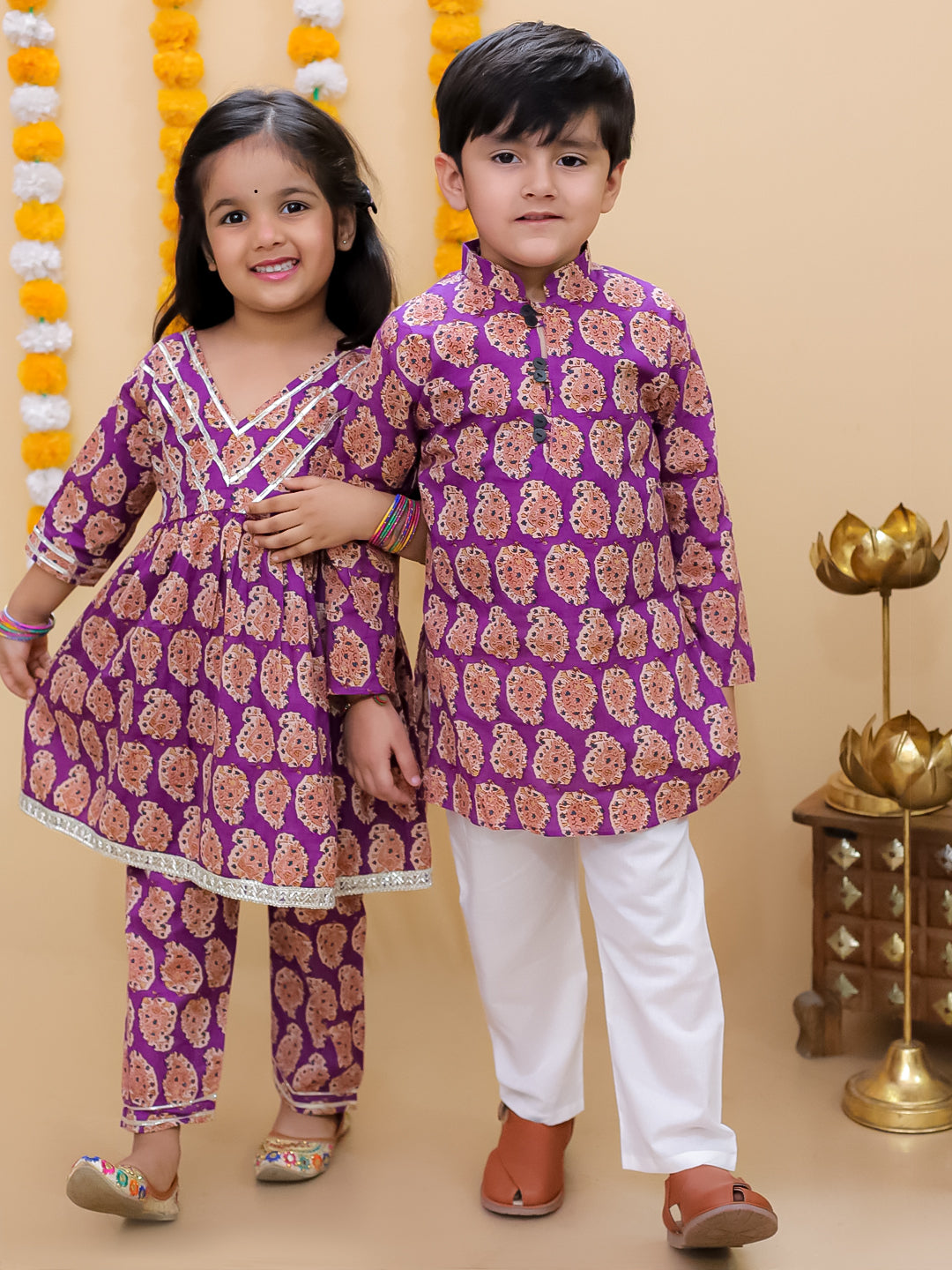 Ethnic Set- Amethyst Allure Girls Anarkali Pajama Set with Boys Kurta Pajama Set