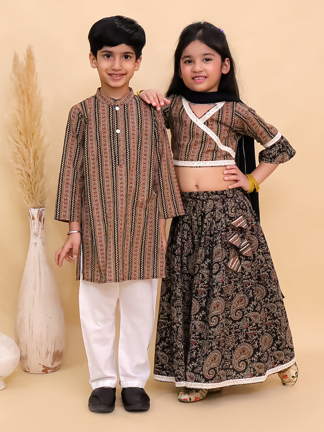 Ethnic Set-Black Kalamkari Girls Lehenga Set and Boys Kurta Set