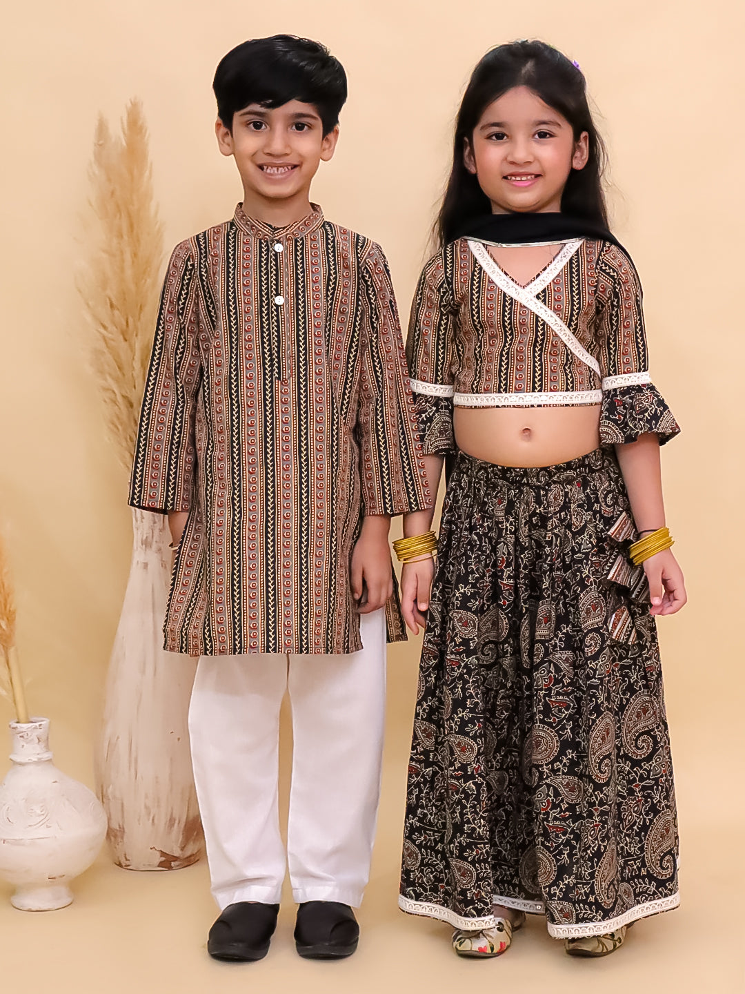 Ethnic Set-Black Kalamkari Girls Lehenga Set and Boys Kurta Set