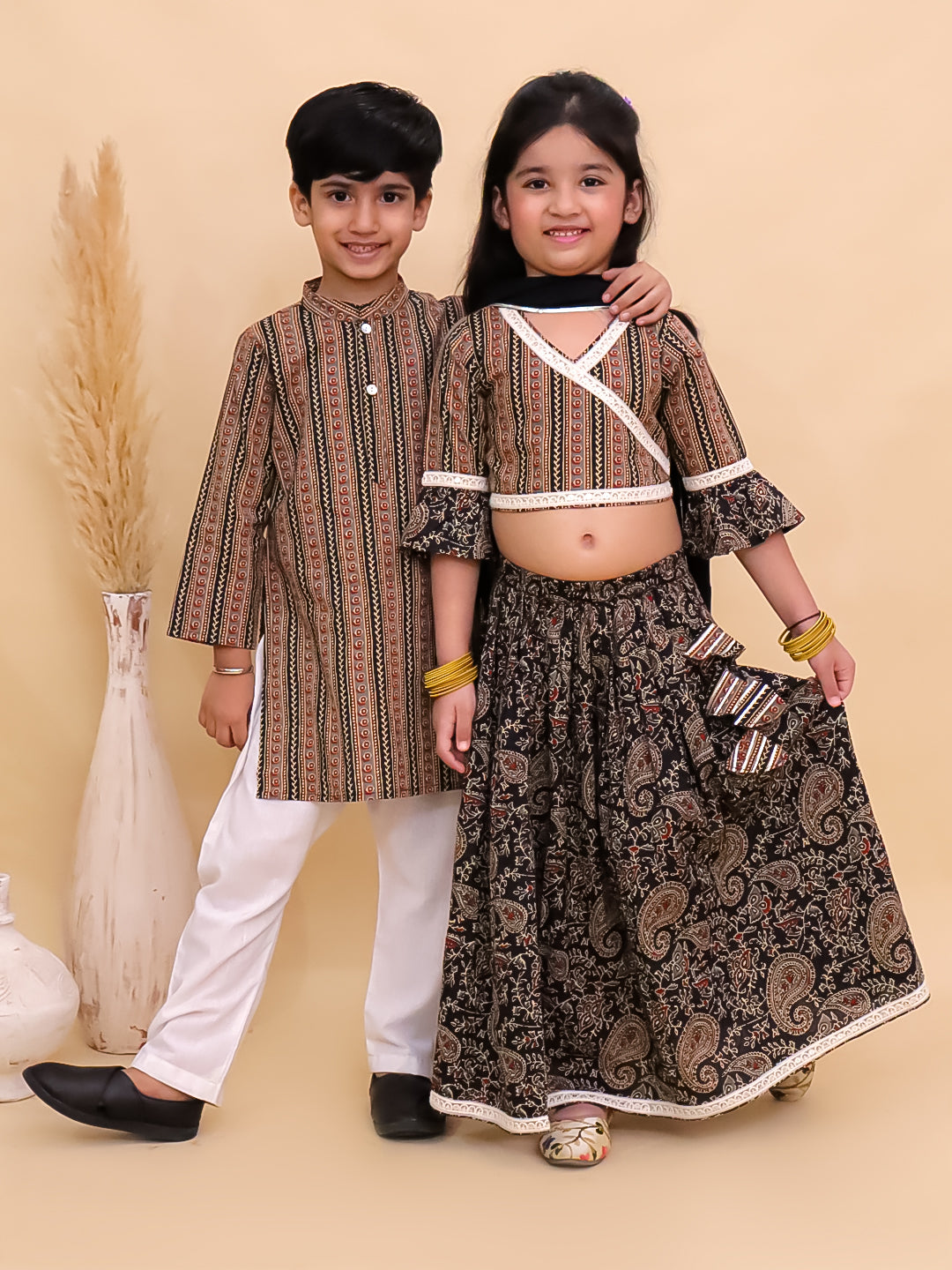 Ethnic Set-Black Kalamkari Girls Lehenga Set and Boys Kurta Set