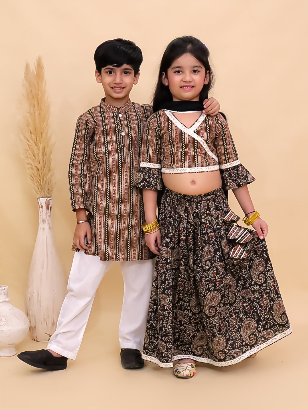 Ethnic Set-Black Kalamkari Girls Lehenga Set and Boys Kurta Set