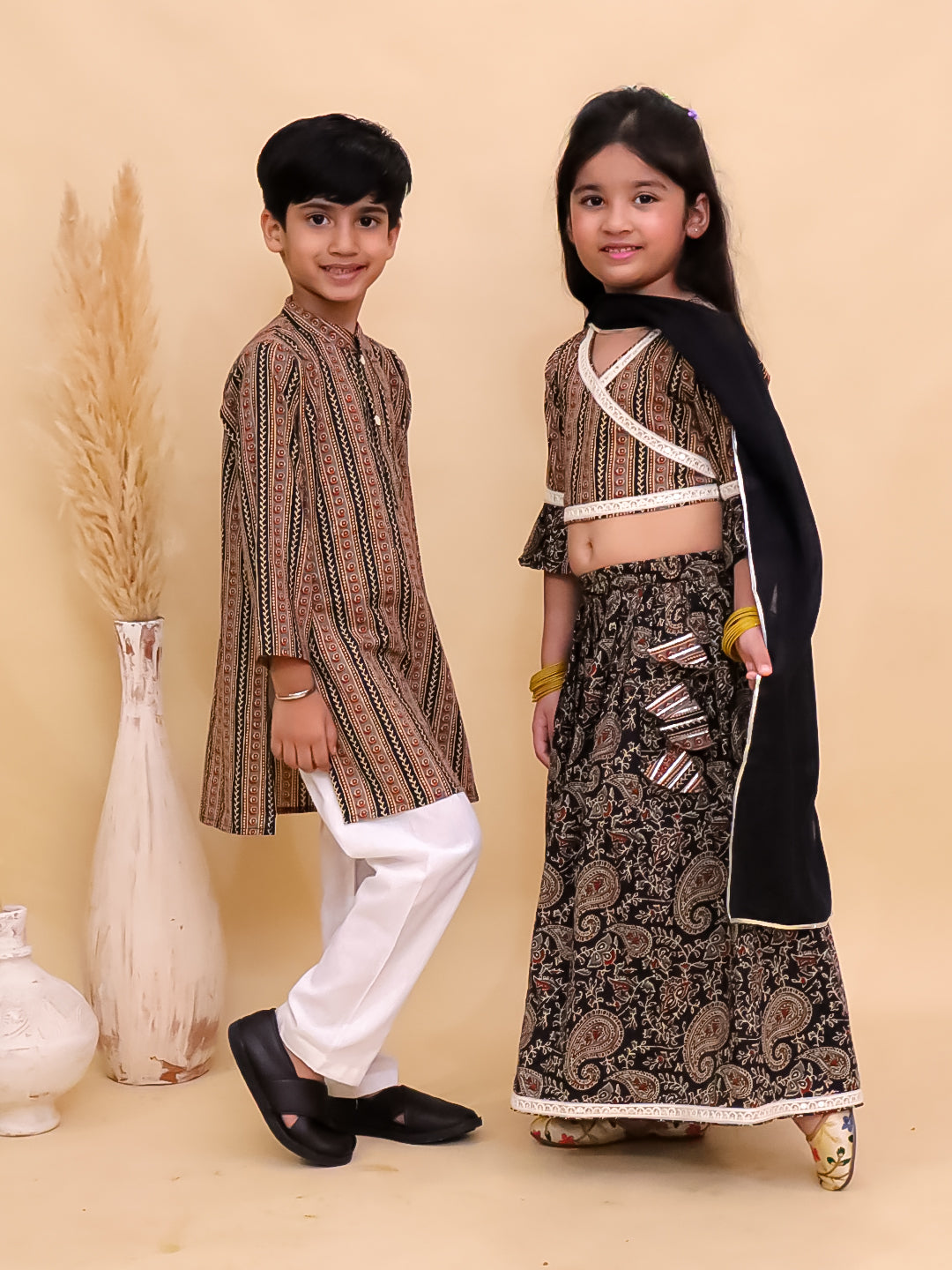 Ethnic Set-Black Kalamkari Girls Lehenga Set and Boys Kurta Set