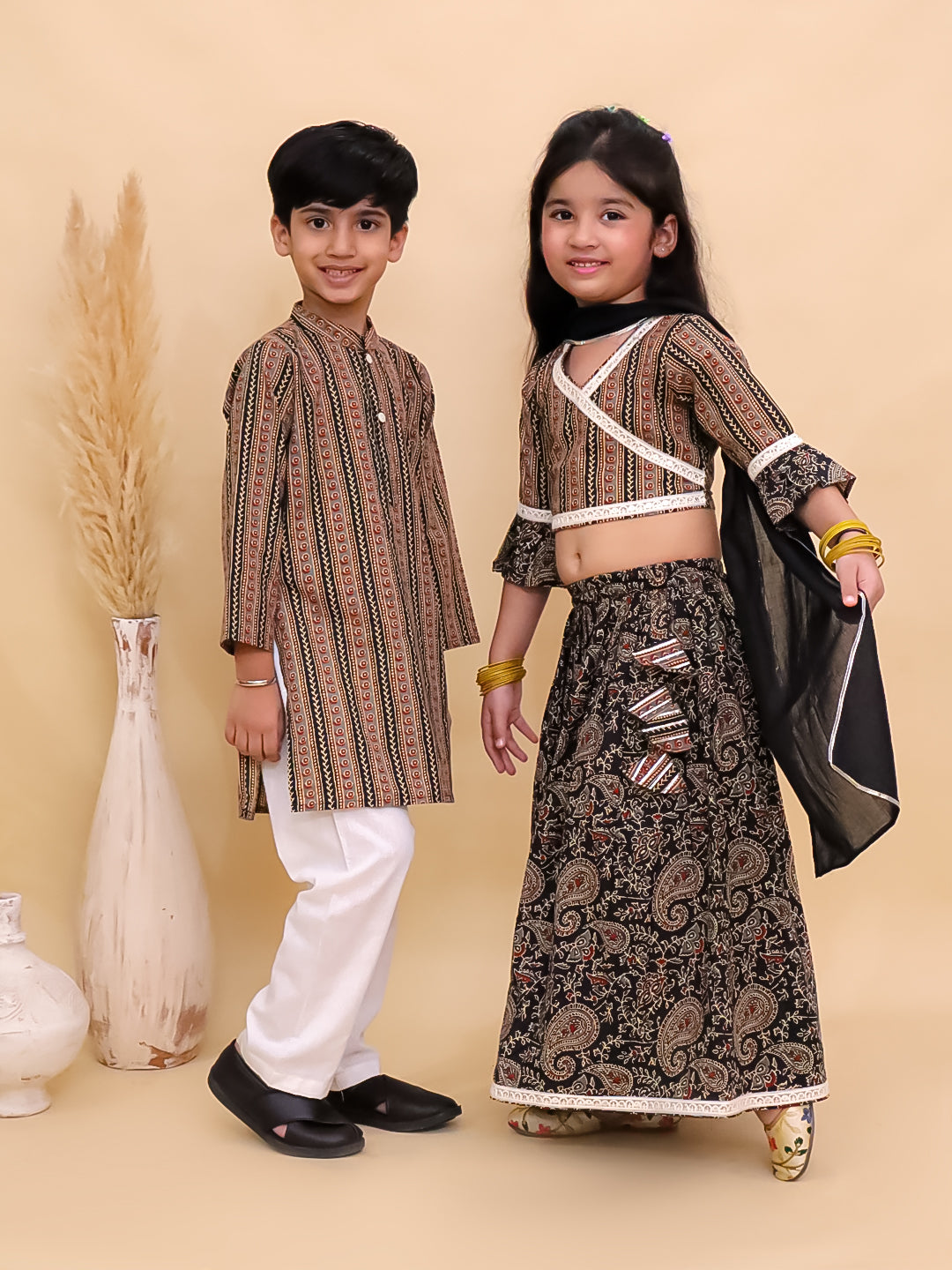 Ethnic Set-Black Kalamkari Girls Lehenga Set and Boys Kurta Set