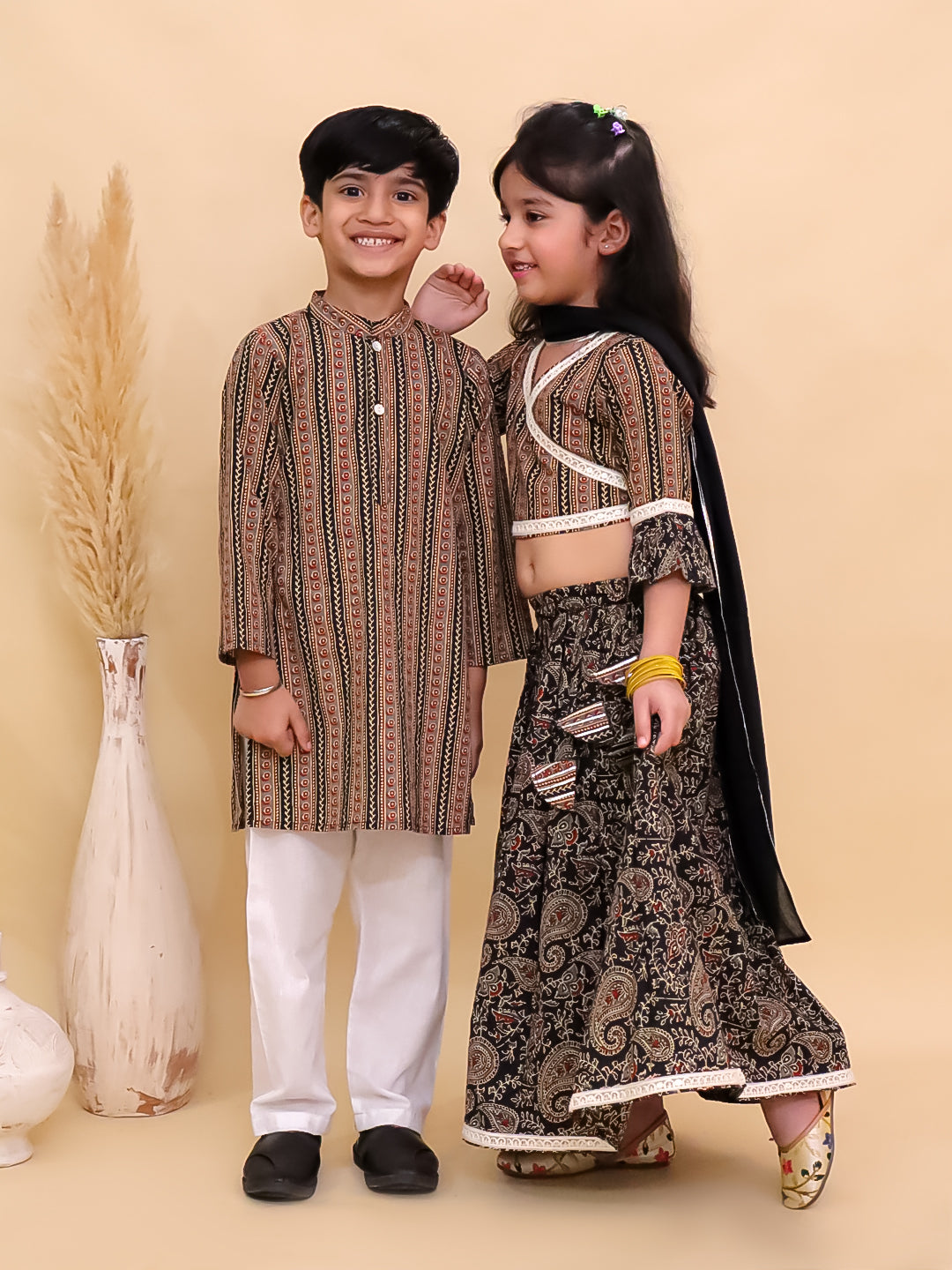 Ethnic Set-Black Kalamkari Girls Lehenga Set and Boys Kurta Set