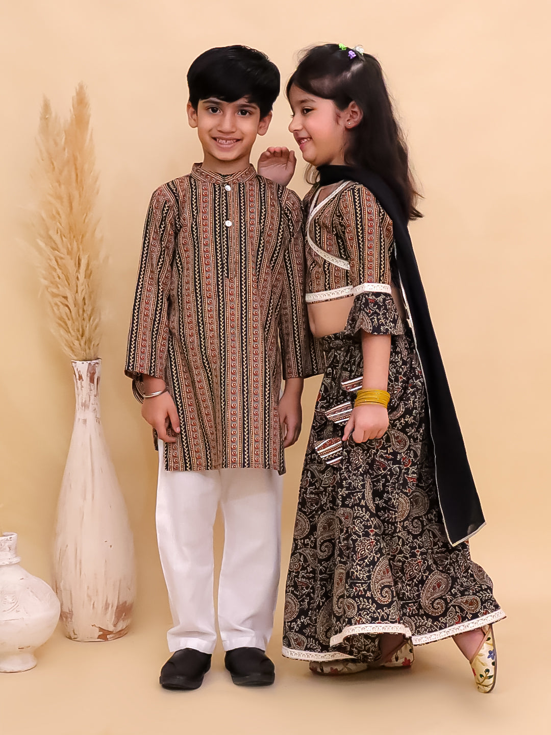 Ethnic Set-Black Kalamkari Girls Lehenga Set and Boys Kurta Set