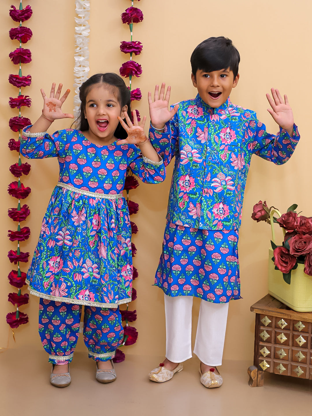 Ethnic Set-Blue Royal Floral Girls Kurta Set with Blue Royale Boys Jacket And Kurta Pajama Set